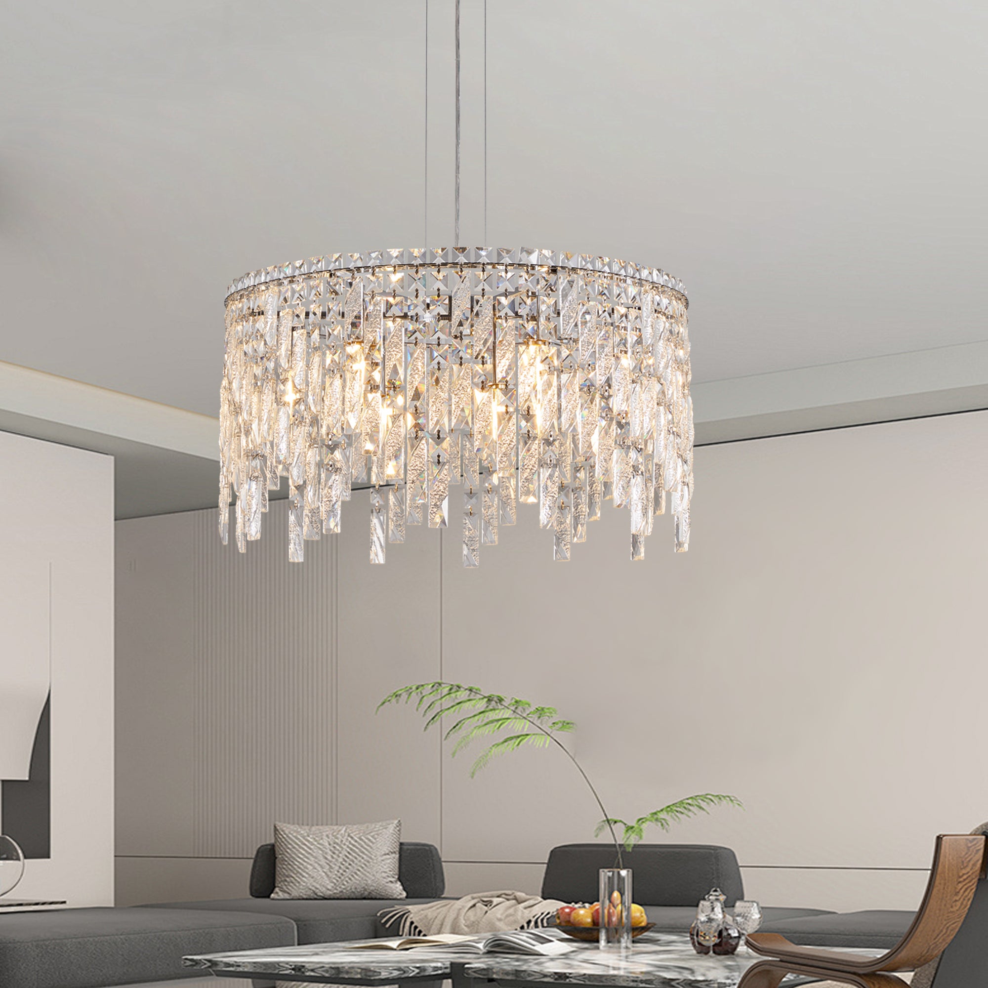 Luxurious Round Silver Crystal Chandelier, Contemporary Rectangular Pendant Light for Dining Room, Living Room, and Grand Foyers (Bulbs Not Included)