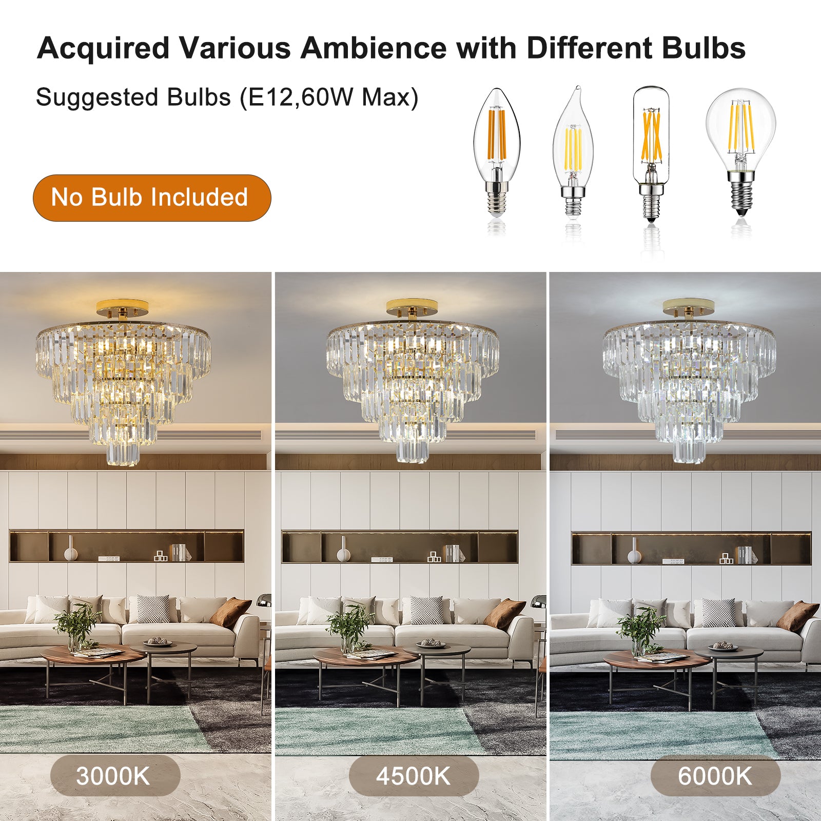 Gold Crystal Chandeliers,5-Tier Round Semi Flush Mount Chandelier Light Fixture