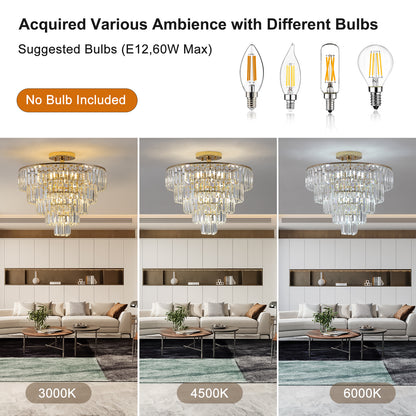 Gold Crystal Chandeliers,5-Tier Round Semi Flush Mount Chandelier Light Fixture