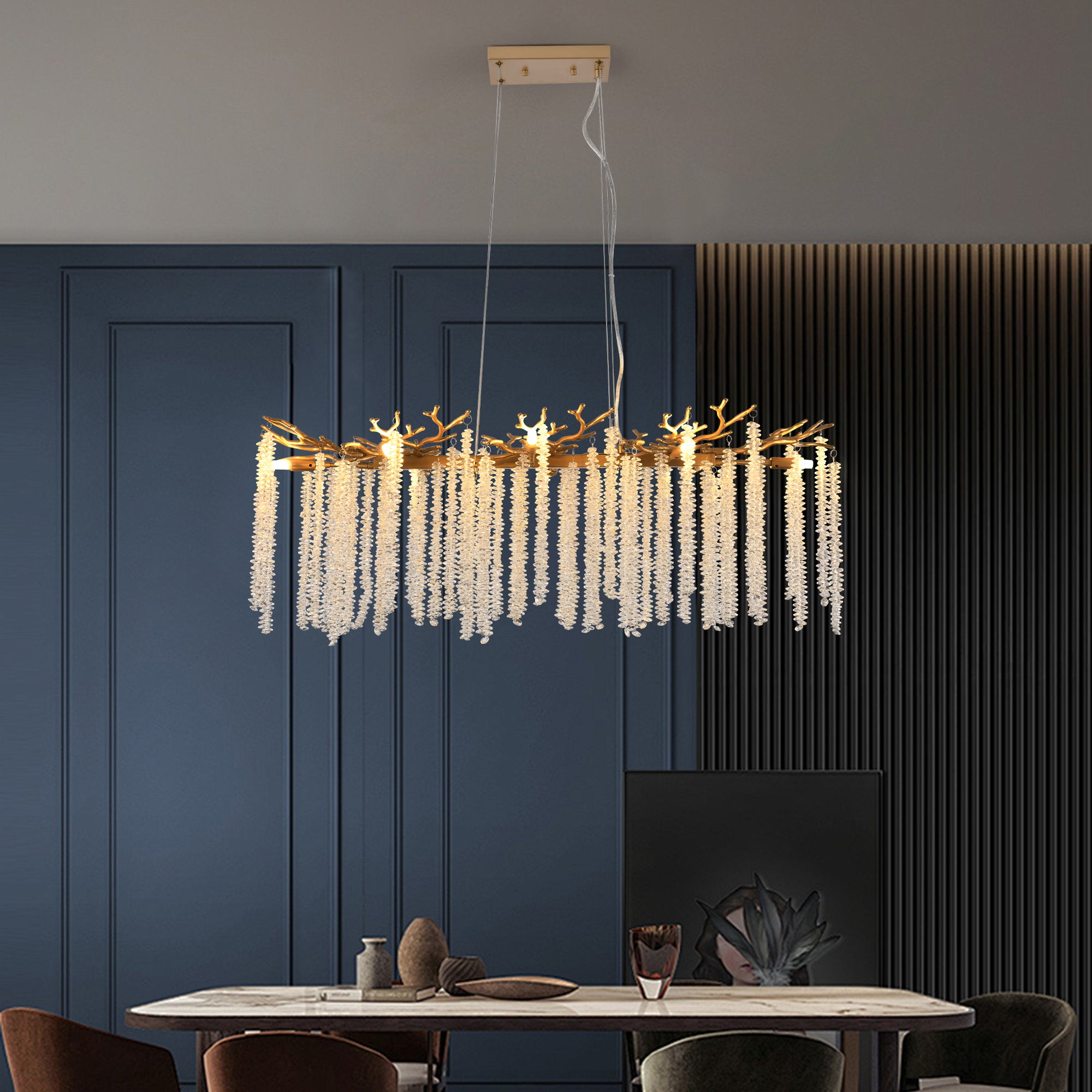 39.4-inch Modern Golden Pendant Light with Cascading Crystal Strands