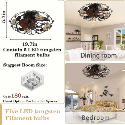 Low Profile Caged Ceiling Fan with Lights Remote Control, Embedded modern industrial ceiling fan