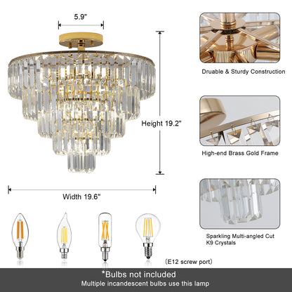 Gold Crystal Chandeliers,5-Tier Round Semi Flush Mount Chandelier Light Fixture