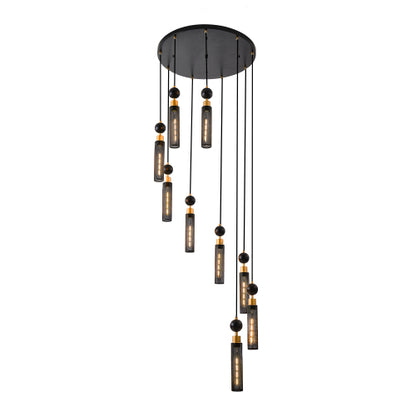 Modern Industrial Multi-Light Pendant Chandelier Light Black and Gold Adjustable Ceiling Light Fixture with Mesh Cylinder Shades