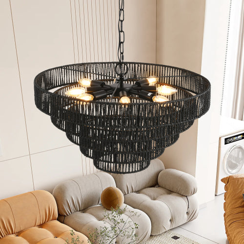 Black Hemp Rope Pendant Light Chandelier, Boho Farmhouse Ceiling Fixture  (Bulb Not Included)