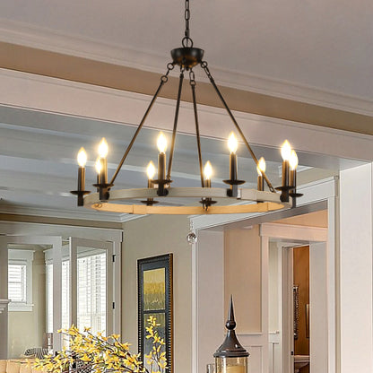 32" Rustic Farmhouse 10-Light Candle Chandelier, Black Metal and Wood Round Hanging Light Fixture for Dining Room, Kitchen, Living Room, Adjustable Height, E12 Bulb Base (No Bulbs)