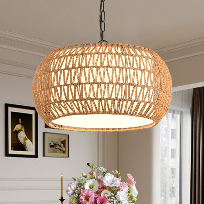 18" Farmhouse Pendant Light with Adjustable Height, Boho Woven Jute Rope Hanging Ceiling Light Fixture, E26 Base, 60W Max, Compatible with Flat, Vaulted, and Sloped Ceil (Bulb Not Included)