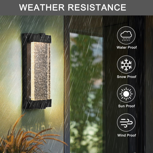 19"(H) Black Aluminum Finish Outdoor Wall Light with Bubble Crystal Glass, LED Light Source, 3000K Warm Light (1-pack)