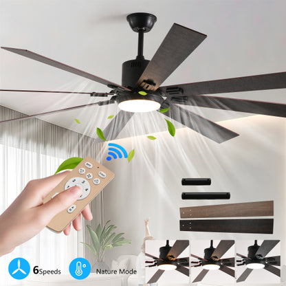 72" Walnut LED Ceiling Fan Light with 8 Wooden Blades, Remote Control, Adjustable Color Temperature for Living Room, Bedroom, or Dining Room