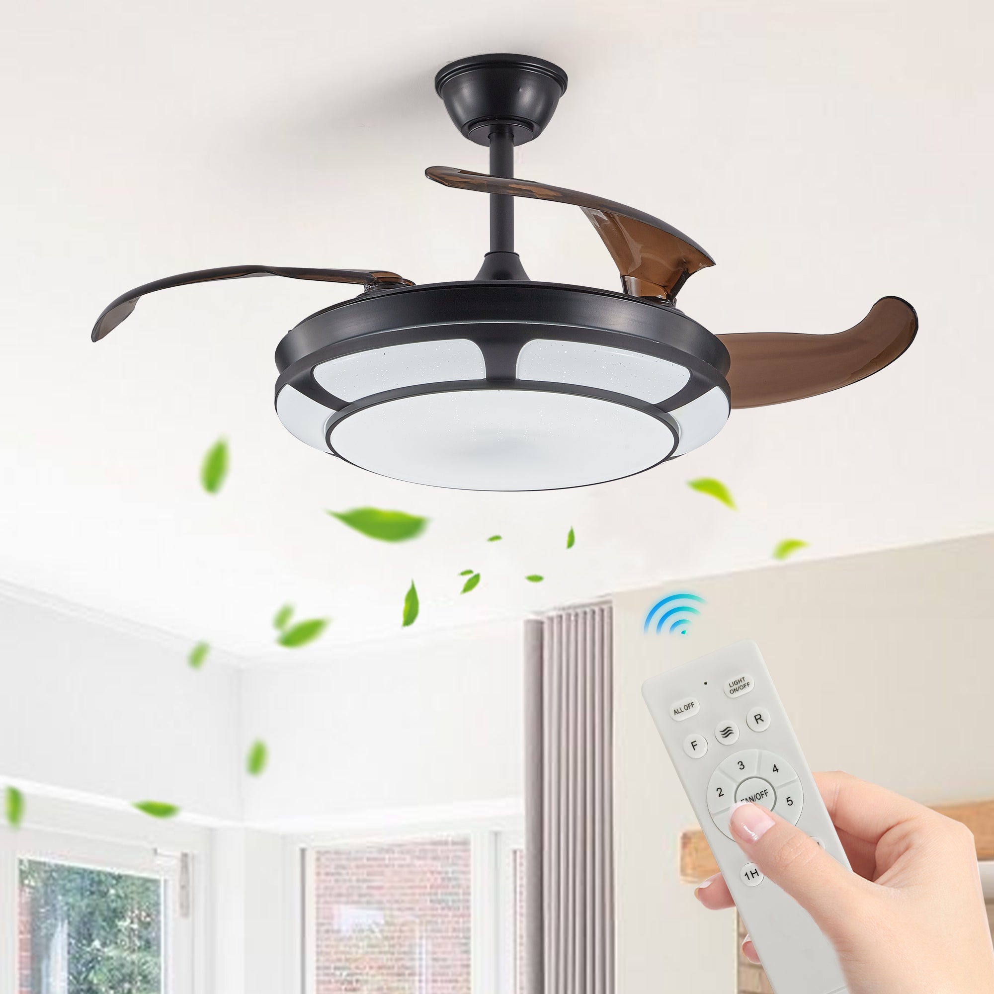 18" Retractable Ceiling Fan with Light, Modern LED Chandelier Fan with Remote Control, 6 Speed Adjustable Blades, Quiet Motor, Dimmable Lighting for Living Room, Bedroom, Dining Room