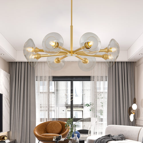 Modern Gold Sputnik Chandelier with Clear Glass Shades, Mid-Century Hanging Pendant Light Fixture (Bulb Not Included)