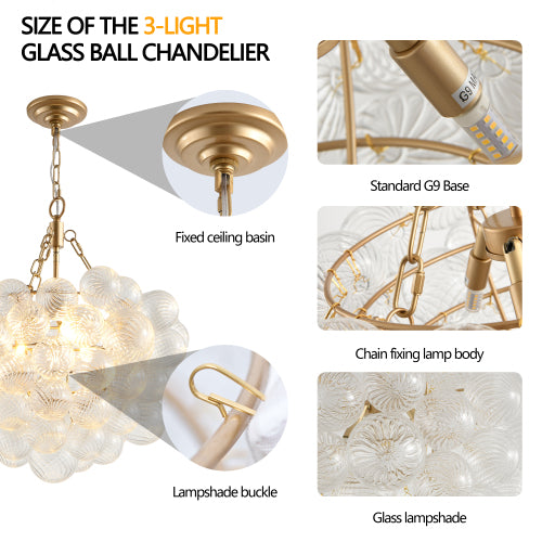 Gold Pendant Light Chandelier with Threaded Clear Glass Globe Shade – Adjustable Height