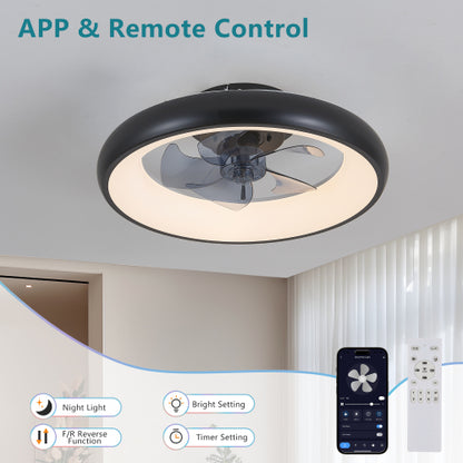 20-inch Black LED Ceiling Fan Light – Dimmable and Adjustable Color Temperature, APP & Remote Control, Modern Smart Ceiling Fan