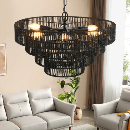 Black Hemp Rope Pendant Light Chandelier, Boho Farmhouse Ceiling Fixture  (Bulb Not Included)