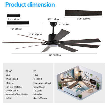 72" Walnut LED Ceiling Fan Light with 8 Wooden Blades, Remote Control, Adjustable Color Temperature for Living Room, Bedroom, or Dining Room