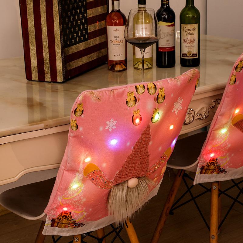 Christmas Funny Gnome Pink Chair Back Cover with LED Light Slipcover Party Decor