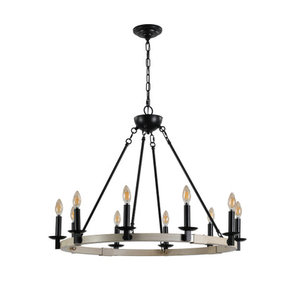 32" Rustic Farmhouse 10-Light Candle Chandelier, Black Metal and Wood Round Hanging Light Fixture for Dining Room, Kitchen, Living Room, Adjustable Height, E12 Bulb Base (No Bulbs)