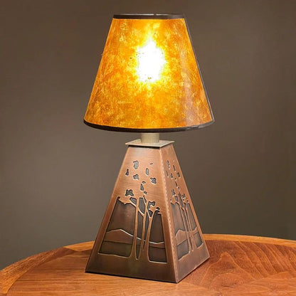 Craftsman style accent table lamp with etched copper base and mica shade