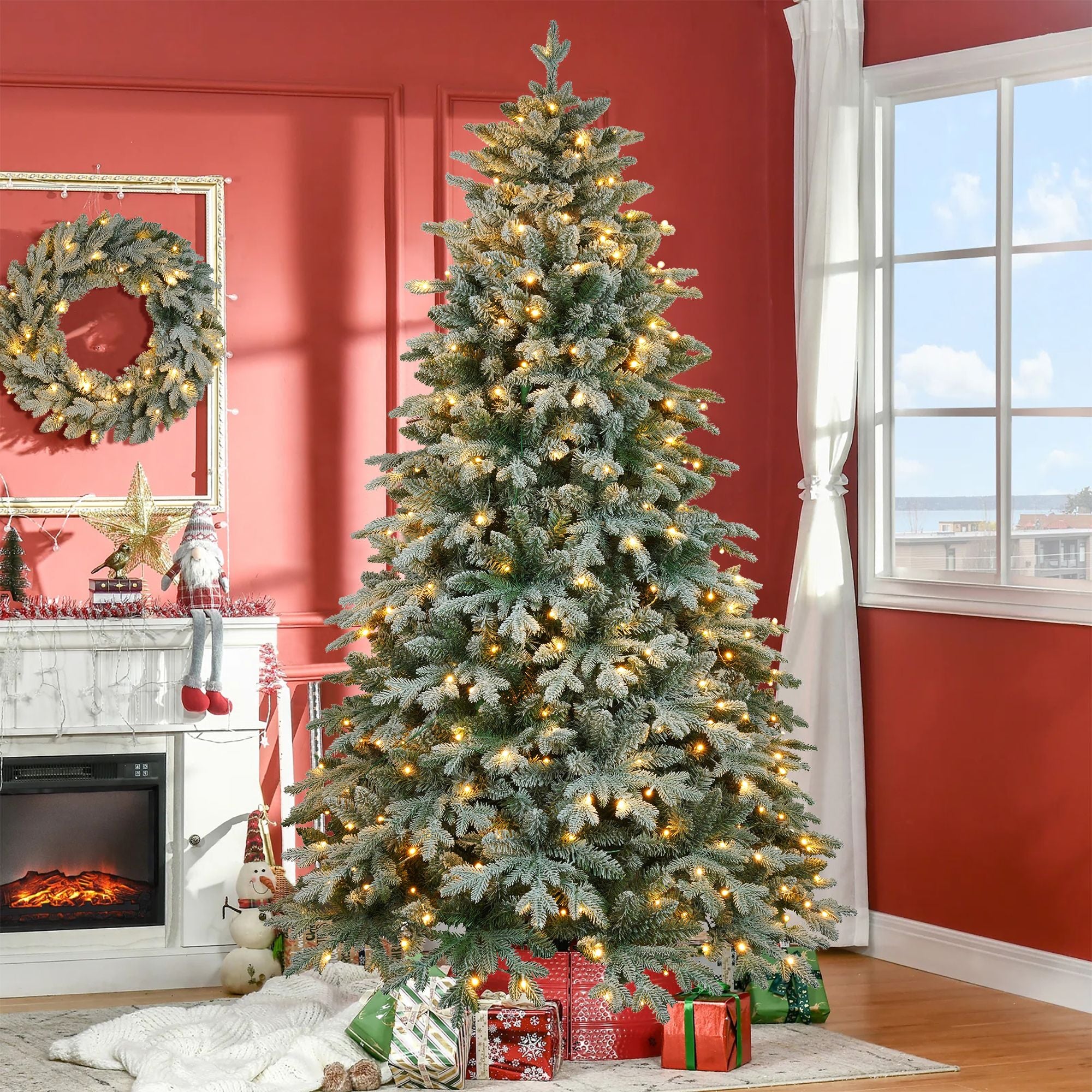 Pre-Lit Artificial Christmas Tree with Clear Lights and Tips, Snow Flocked Christmas Tree with Metal Stand, Hinged Xmas Tree for Home Office Holiday