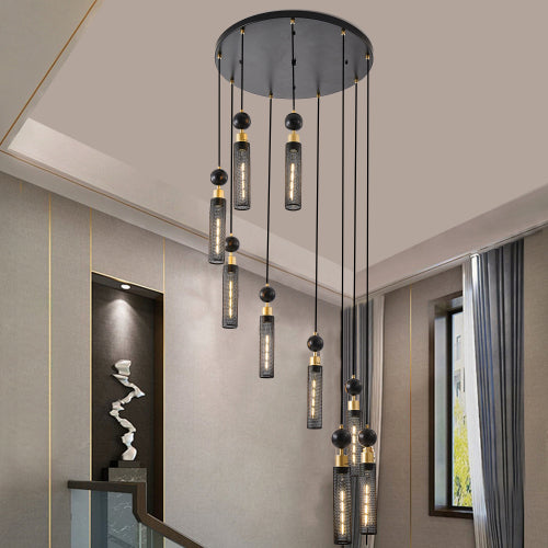 Modern Industrial Multi-Light Pendant Chandelier Light Black and Gold Adjustable Ceiling Light Fixture with Mesh Cylinder Shades