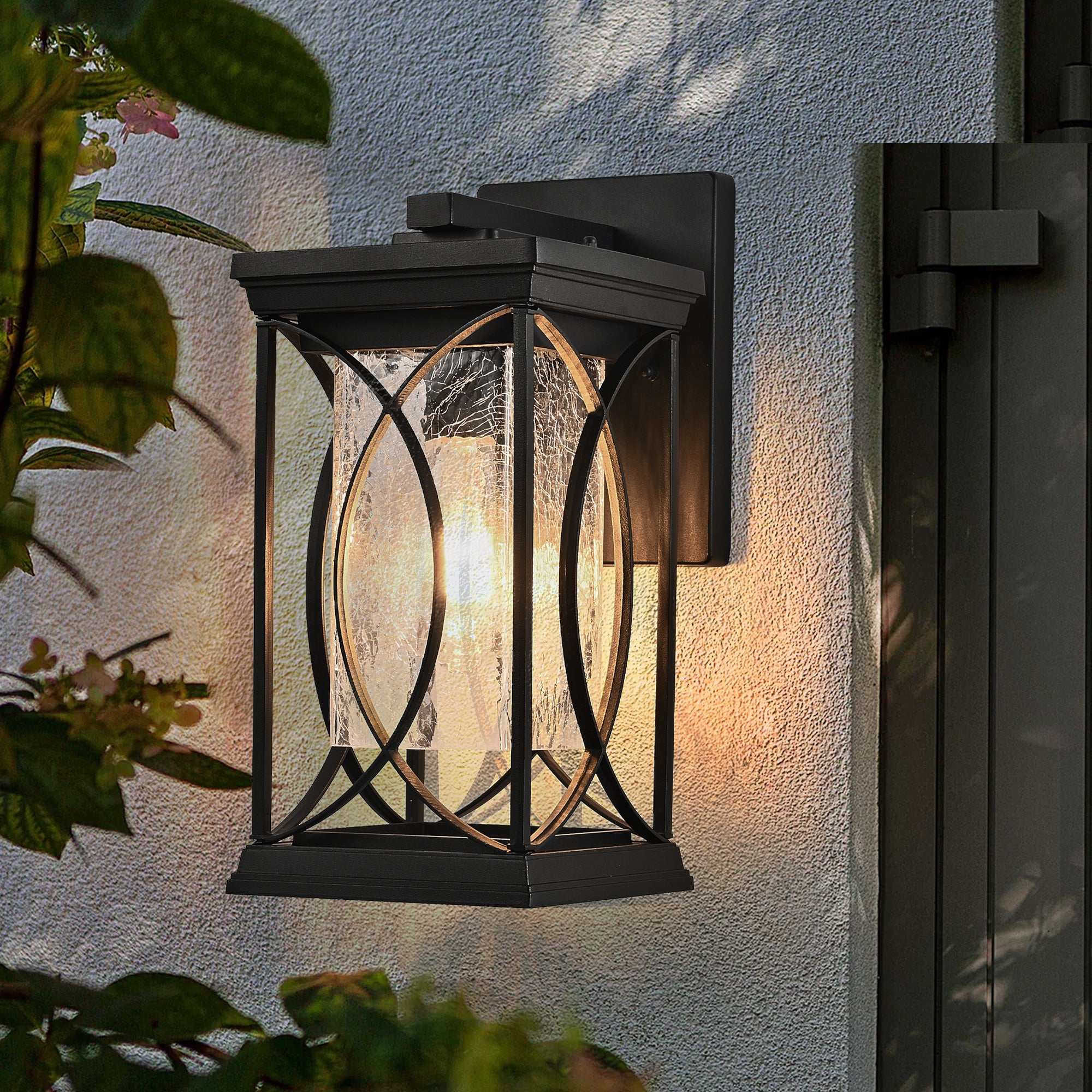 14"(H) 1-pack Black Outdoor Wall Lantern with Crackled Glass, Weather-Resistant Exterior Light Fixture, Modern Decorative Wall Sconce with E26 Base (Bulb Not Included)