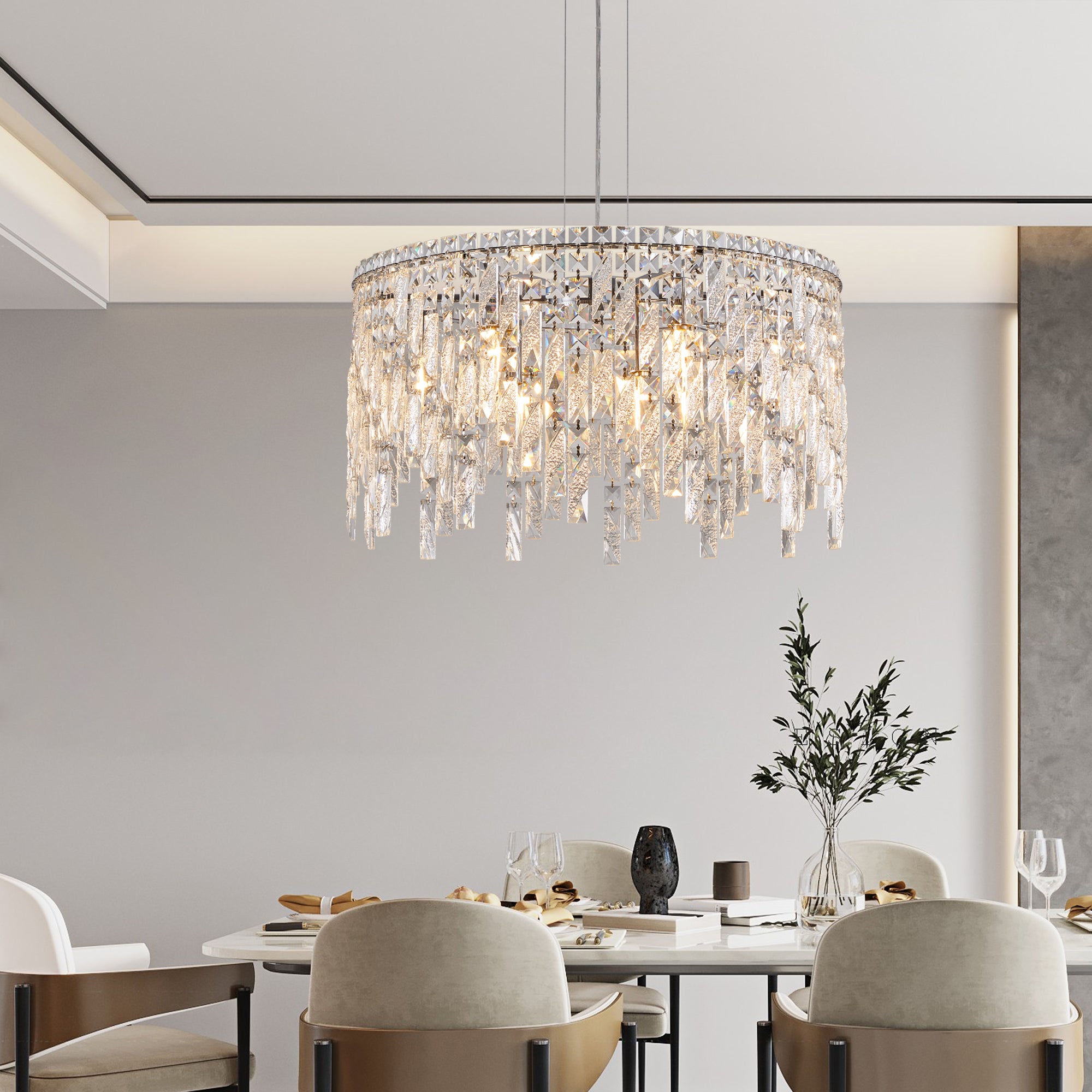 Luxurious Round Silver Crystal Chandelier, Contemporary Rectangular Pendant Light for Dining Room, Living Room, and Grand Foyers (Bulbs Not Included)