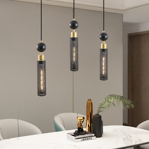 Modern Industrial Multi-Light Pendant Chandelier Light Black and Gold Adjustable Ceiling Light Fixture with Mesh Cylinder Shades