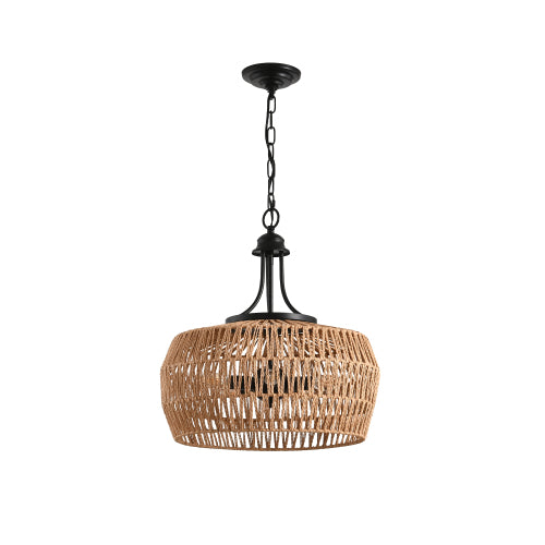 19" Boho Hemp Rope Pendant Light, Hand-Woven Jute Hanging Lamp with Adjustable Chain, Natural Rope Shade Ceiling Light Fixture for Kitchen Island, Dining Room, or Entryway (Bulb Not Included)