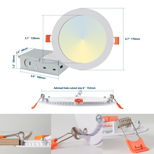 LED Recessed Ceiling Lights, 12-Pack Ultra-Thin with Junction Box, 5 Color Temperature Options 2700K-5000K, 12W 1080LM Dimmable Canless Downlight