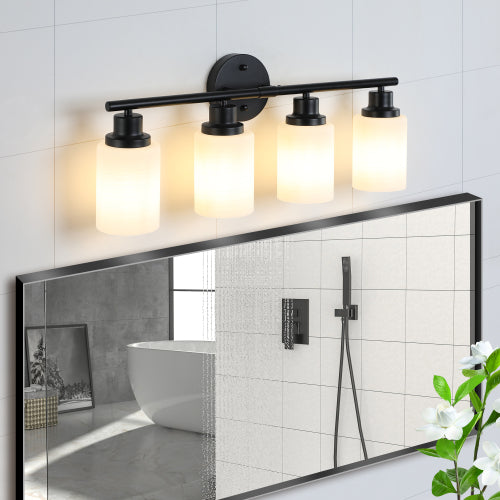 Modern Vanity Bathroom Mirror Light, Frosted White Glass with Black Iron Frame, Contemporary Wall Sconce (Bulb Not Included)