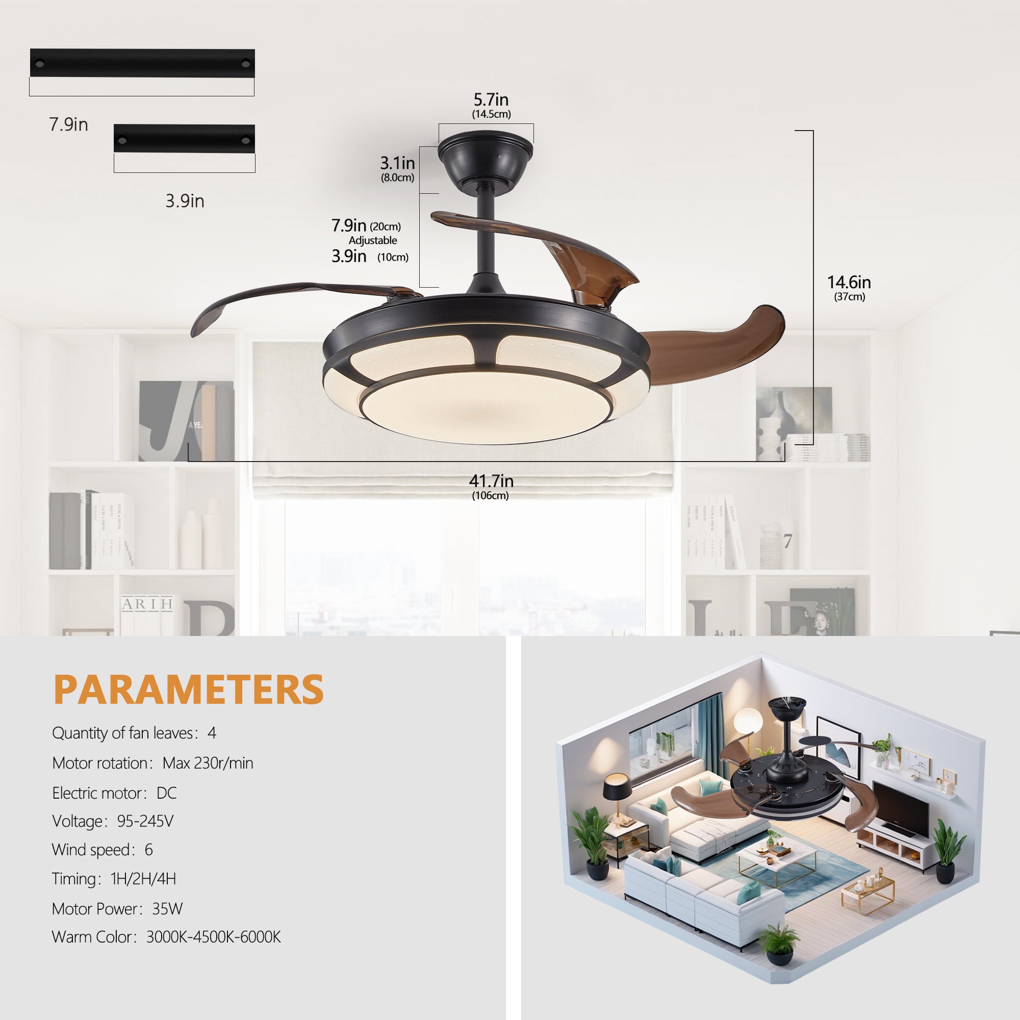 18" Retractable Ceiling Fan with Light, Modern LED Chandelier Fan with Remote Control, 6 Speed Adjustable Blades, Quiet Motor, Dimmable Lighting for Living Room, Bedroom, Dining Room