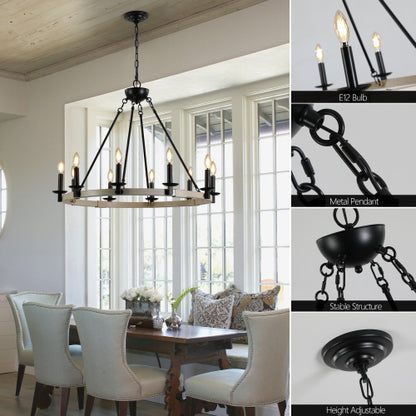 32" Rustic Farmhouse 10-Light Candle Chandelier, Black Metal and Wood Round Hanging Light Fixture for Dining Room, Kitchen, Living Room, Adjustable Height, E12 Bulb Base (No Bulbs)