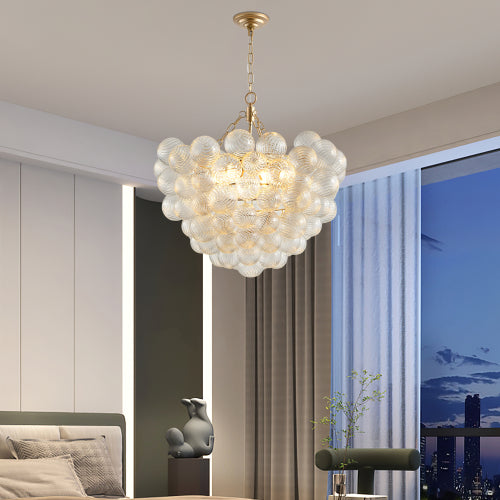 Gold Pendant Light Chandelier with Threaded Clear Glass Globe Shade – Adjustable Height