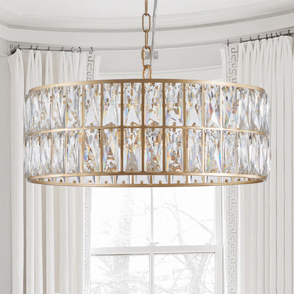 Modern Crystal Drum Chandelier, 6-Light Pendant Lighting Fixture with Golden Metal Frame for Living Room, Dining Room, and Bedroom (Bulbs Not Included)