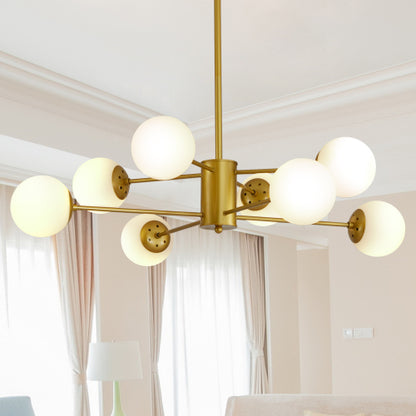 35" Modern 8-Light Gold Chandelier with White Glass Globe Shades, Mid-Century Branching Design, Elegant Ceiling Light Fixture for Dining Room, Living Room, or Bedroom (No Bulbs)