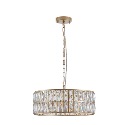 Modern Crystal Drum Chandelier, 6-Light Pendant Lighting Fixture with Golden Metal Frame for Living Room, Dining Room, and Bedroom (Bulbs Not Included)