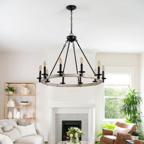 32" Rustic Farmhouse 10-Light Candle Chandelier, Black Metal and Wood Round Hanging Light Fixture for Dining Room, Kitchen, Living Room, Adjustable Height, E12 Bulb Base (No Bulbs)