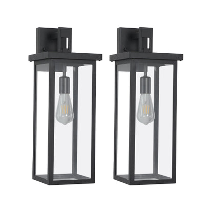 20"(H) Set of 2 Modern Outdoor Wall Lanterns with Black Metal Frame and Clear Glass, Weatherproof Wall Sconces for Porch, Garage, or Entryway Lighting, E26 Bulb Compatible (No Bulbs)