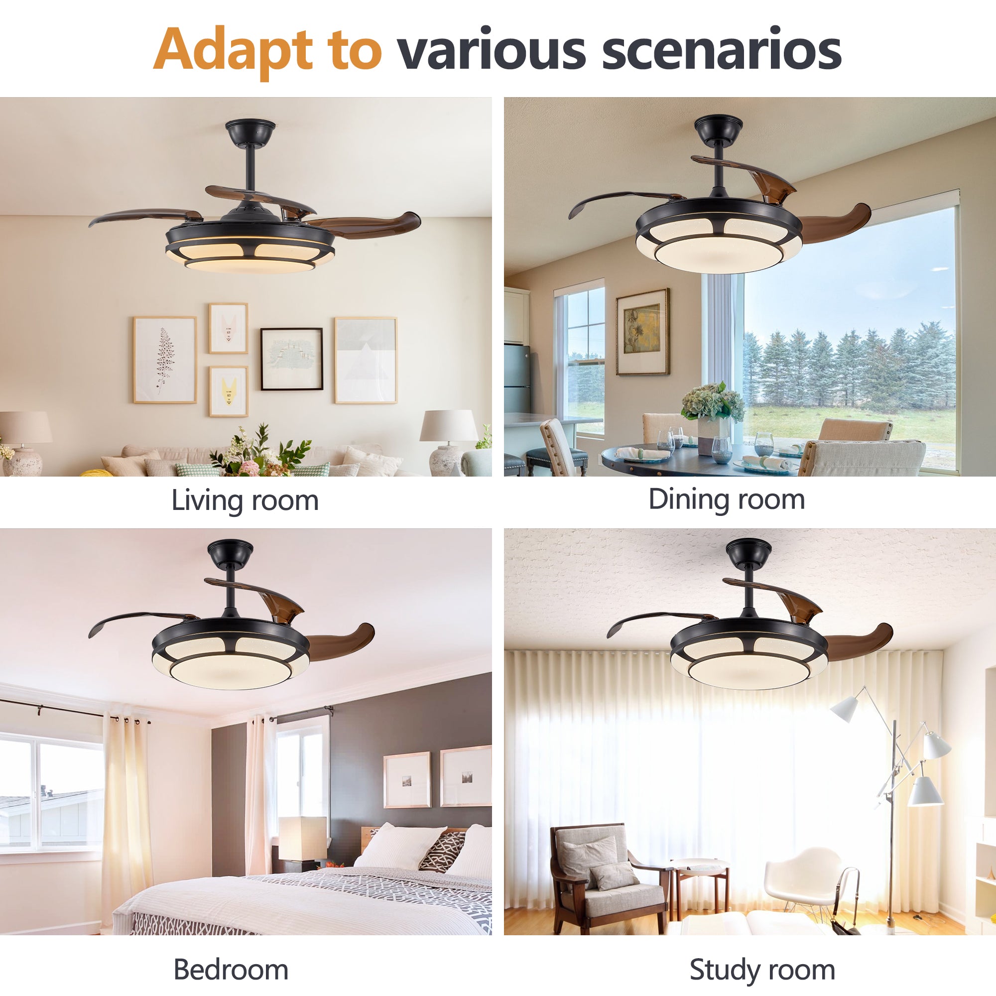 18" Retractable Ceiling Fan with Light, Modern LED Chandelier Fan with Remote Control, 6 Speed Adjustable Blades, Quiet Motor, Dimmable Lighting for Living Room, Bedroom, Dining Room