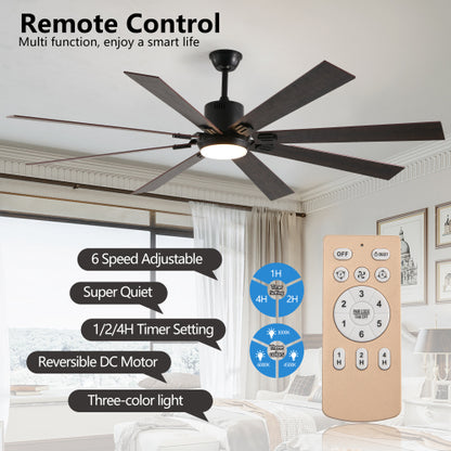 72" Walnut LED Ceiling Fan Light with 8 Wooden Blades, Remote Control, Adjustable Color Temperature for Living Room, Bedroom, or Dining Room