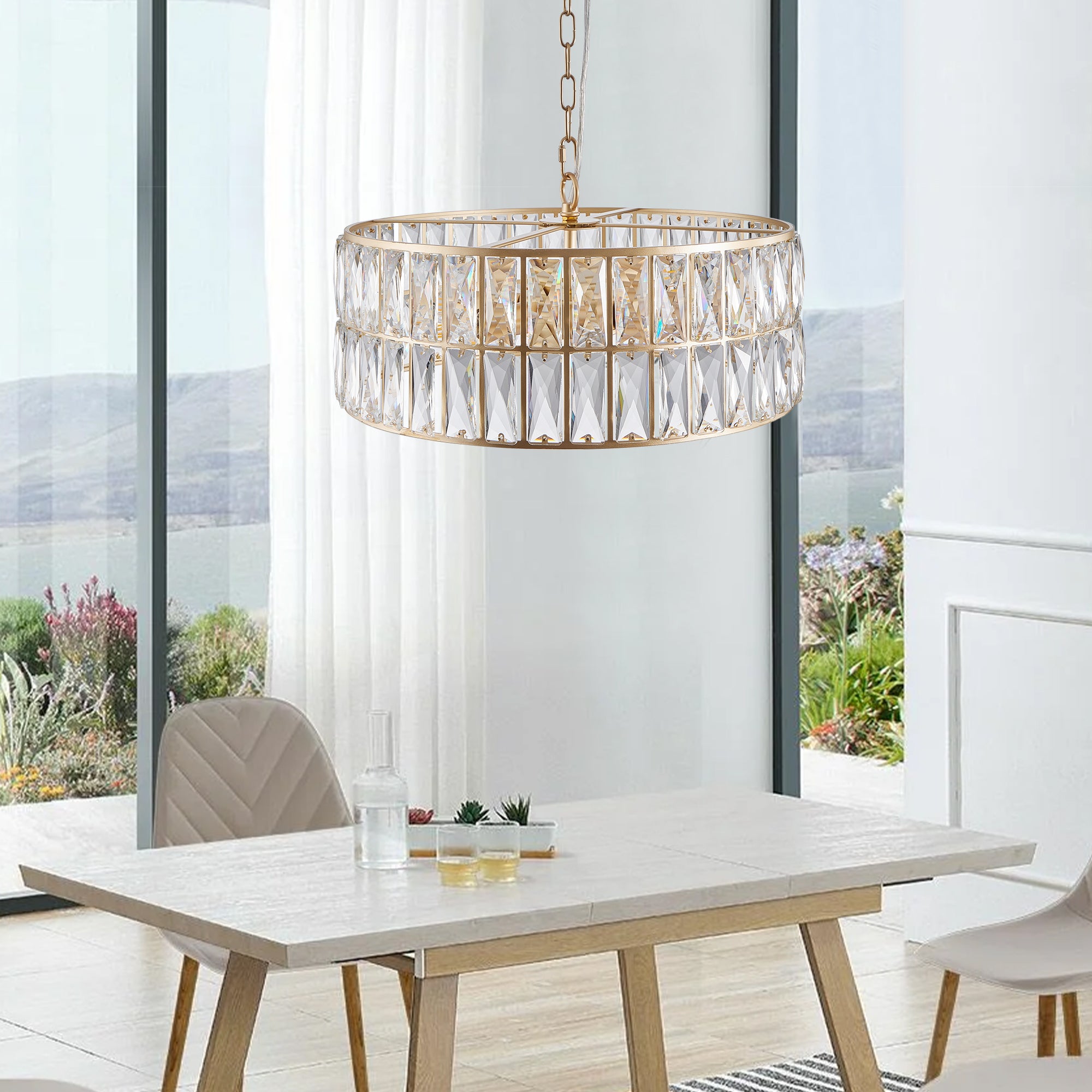 Modern Crystal Drum Chandelier, 6-Light Pendant Lighting Fixture with Golden Metal Frame for Living Room, Dining Room, and Bedroom (Bulbs Not Included)