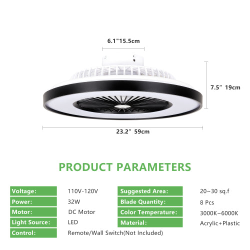 23-inch Black and White Ceiling Fan Light with LED RGB