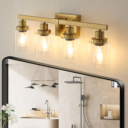 Golden  Vanity Light with Clear Glass Shades, Modern Iron Metal Bathroom Wall Fixture  (No Bulbs)