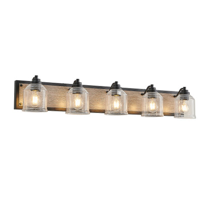 Farmhouse Vanity Light Fixture, Bathroom Wall Sconce with Clear Seeded Glass Shades, Black and Wood Grain Finish, Modern Industrial Design for Bathroom or Powder Room (No Bulbs)