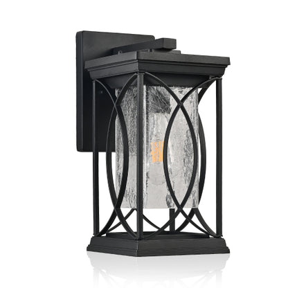 14"(H) 1-pack Black Outdoor Wall Lantern with Crackled Glass, Weather-Resistant Exterior Light Fixture, Modern Decorative Wall Sconce with E26 Base (Bulb Not Included)