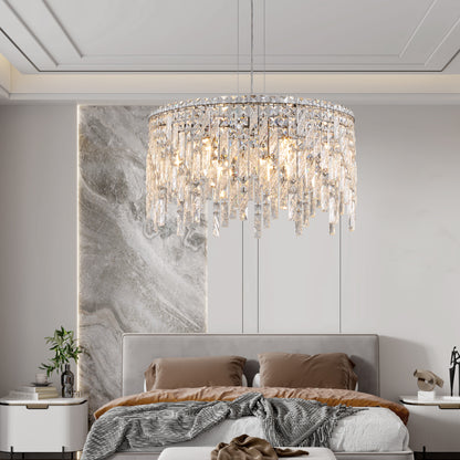 Luxurious Round Silver Crystal Chandelier, Contemporary Rectangular Pendant Light for Dining Room, Living Room, and Grand Foyers (Bulbs Not Included)